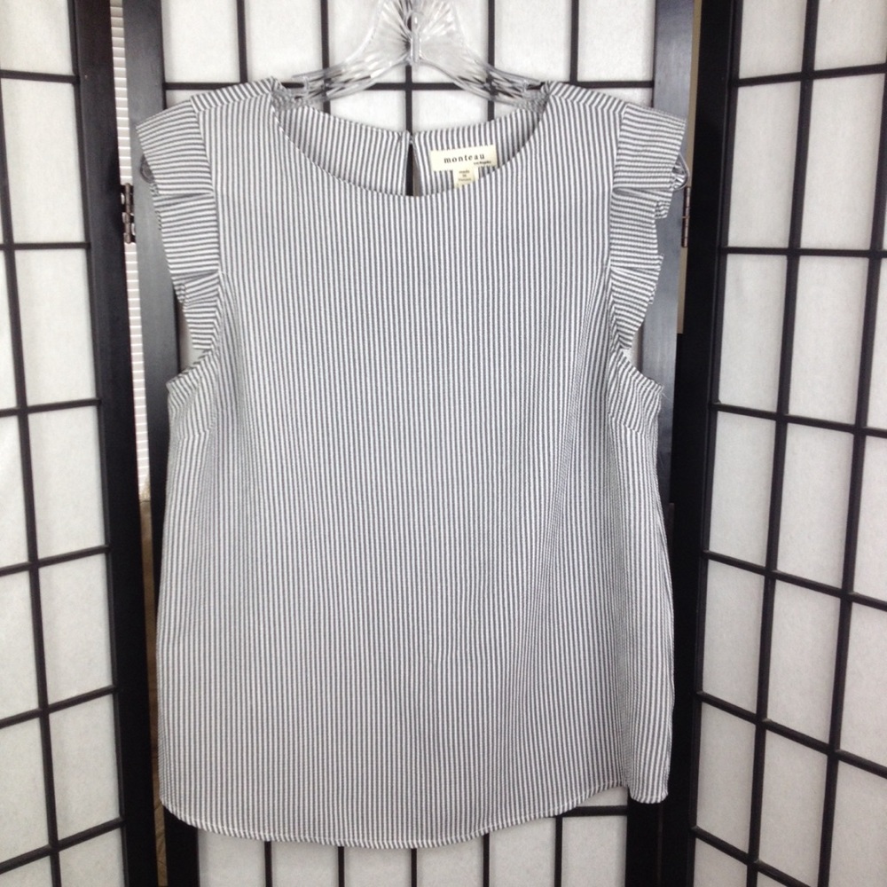Monteau Los Angeles Medium Gray White Striped Blouse Capped Sleeve Top Shirt